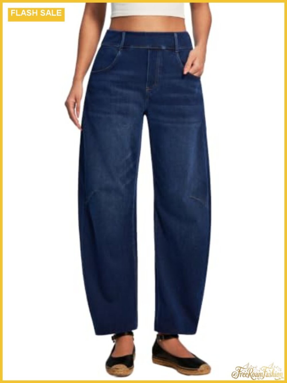 High Waist Pull On Stretch Denim Barrel Jeans Women Wide Leg Tummy Control